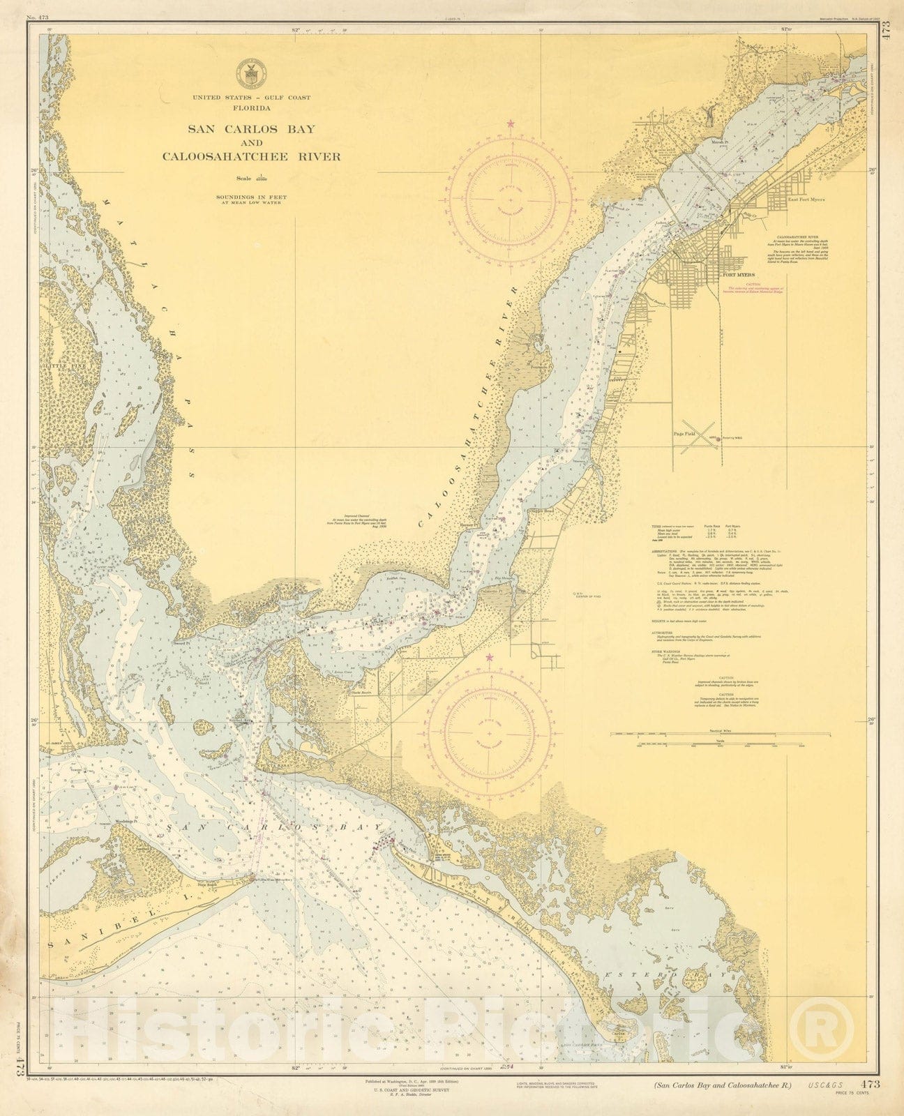 Historic Map : Coastal Charts - FL: San Carlos Bay and Caloosahatchee R. 1952 , Vintage Wall Art