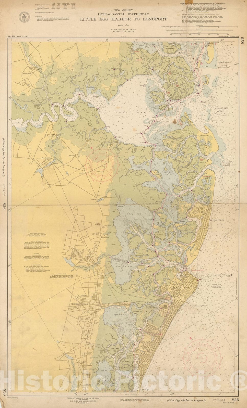 Historic Map : Coastal Charts - New Jersey Intracoastal: Little Egg to Longport 1950 , Vintage Wall Art