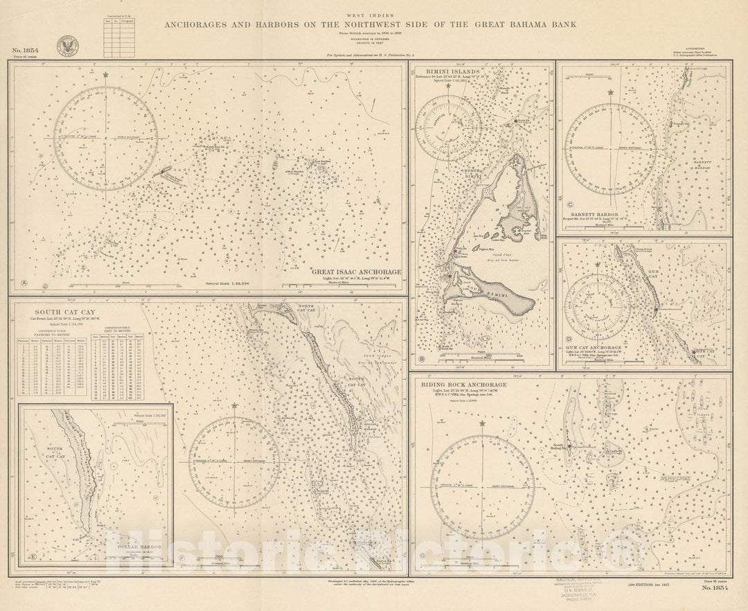 Historic Map : Coastal Charts - Bahama Anchorages 1950 , Vintage Wall Art