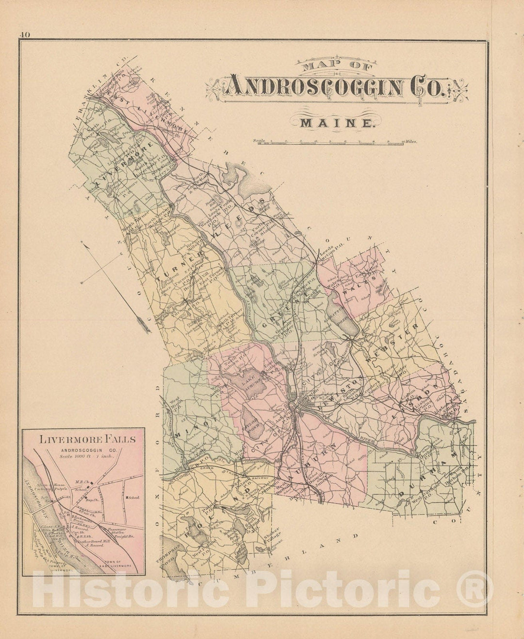 Historic Map : Atlas of Maine, Androscoggin 1885 , Vintage Wall Art