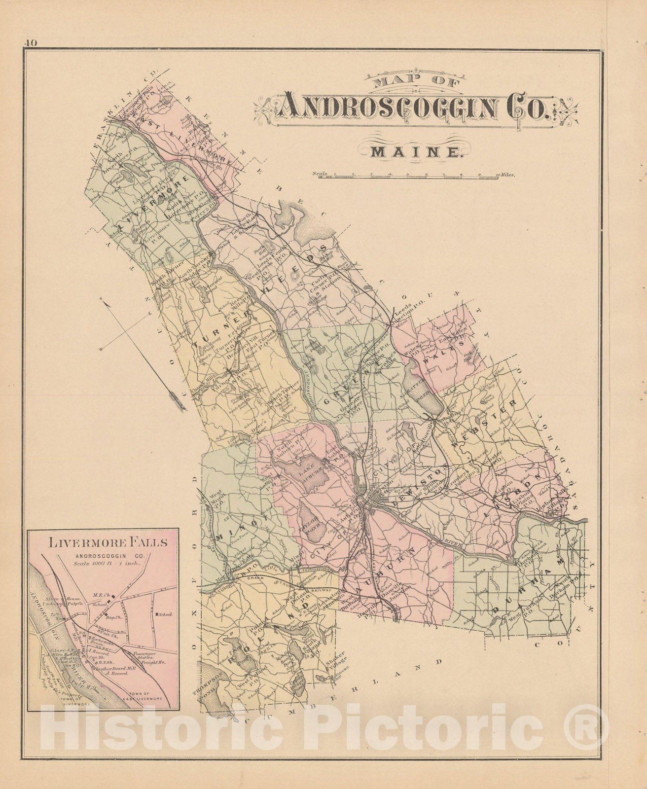 Historic Map : Atlas of Maine, Androscoggin 1885 , Vintage Wall Art
