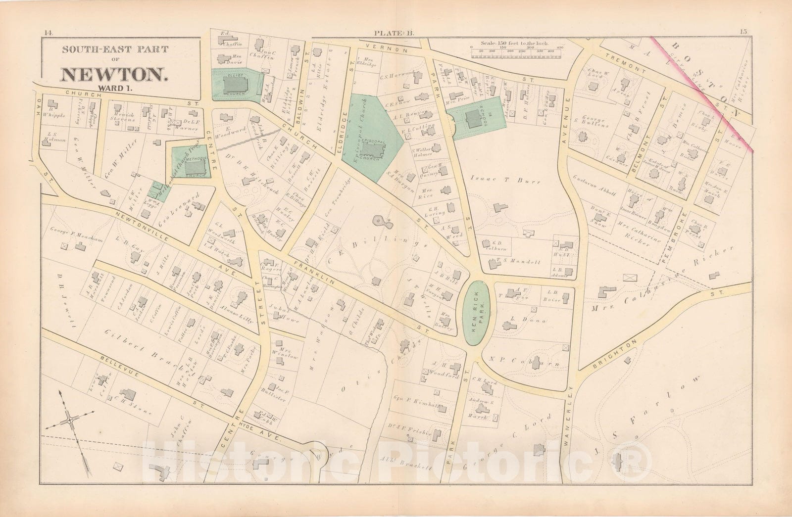 Historic Map : City of Newton, Middlesex County, Newton 1874 Plate B , Vintage Wall Art