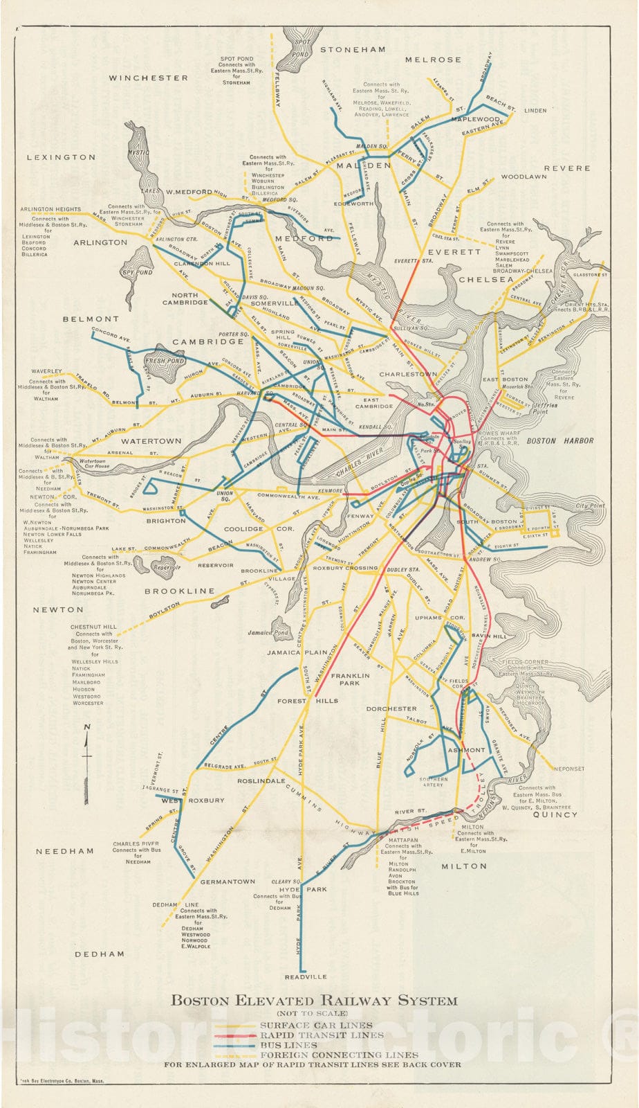 Historic Map : Greater Boston Transit Maps, Boston Elevated Railway System Map 1930 Railroad Catography , Vintage Wall Art