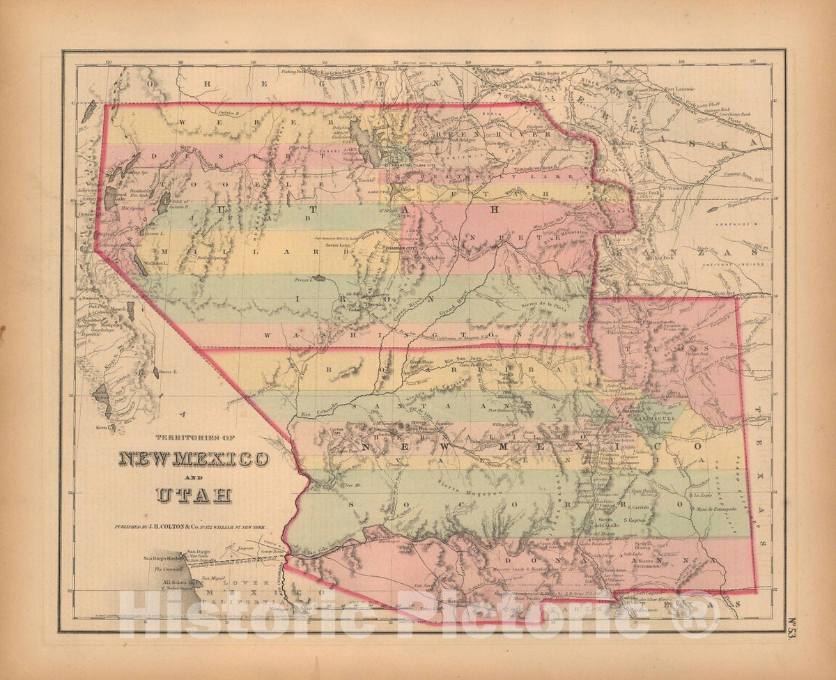 Historic Map : New Mexico & Utah 1857 , General Atlas (Of The World) , Vintage Wall Art
