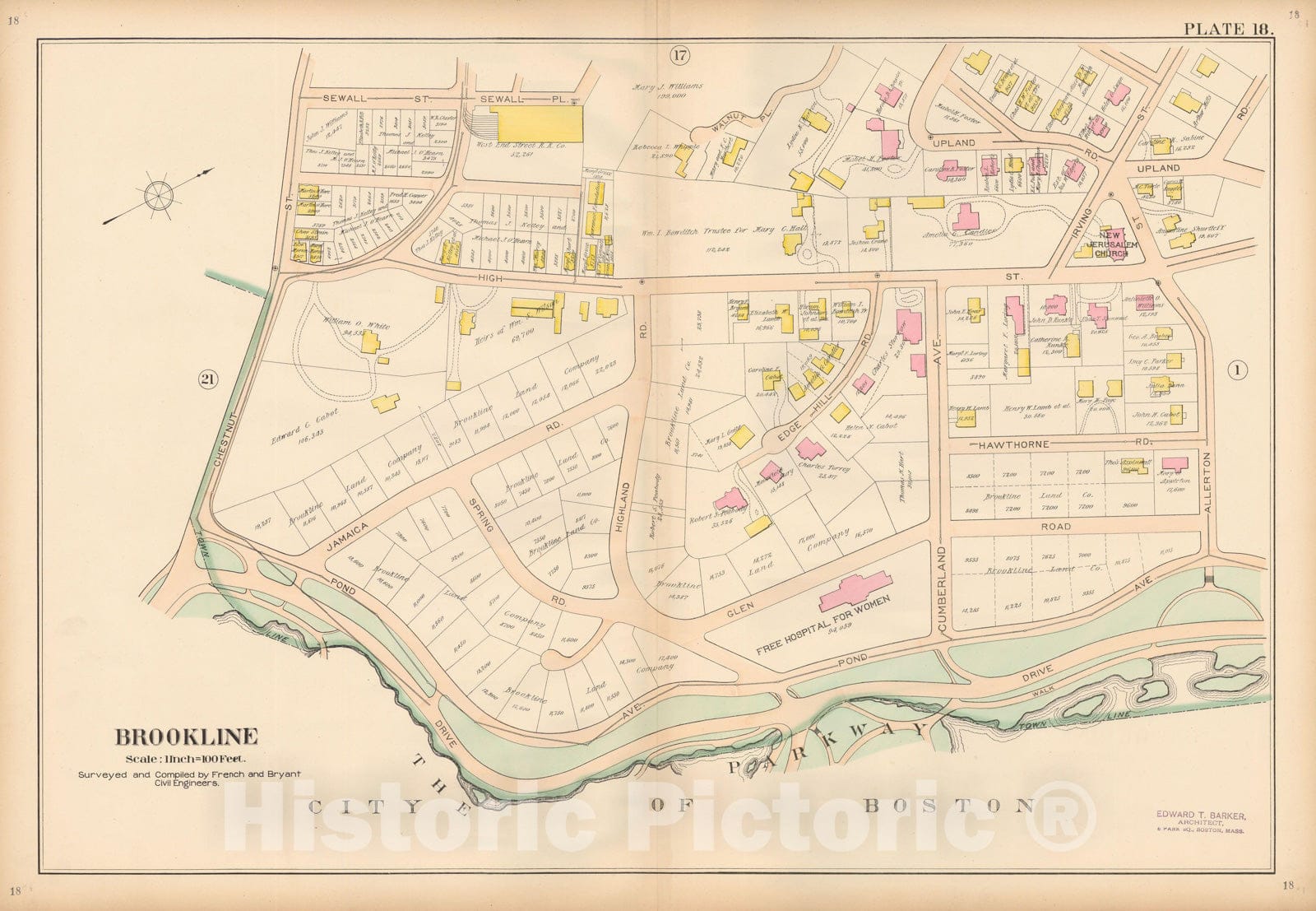 Historic Map : Atlas Town of Brookline, Brookline 1897 Plate 018 , Vintage Wall Art
