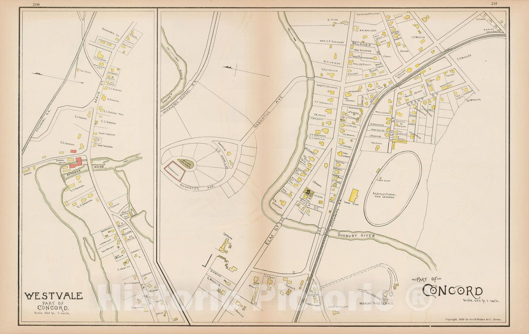 Historic Map : Atlas of Middlesex County, Massachusetts, Concord 1889 , v2, Vintage Wall Art