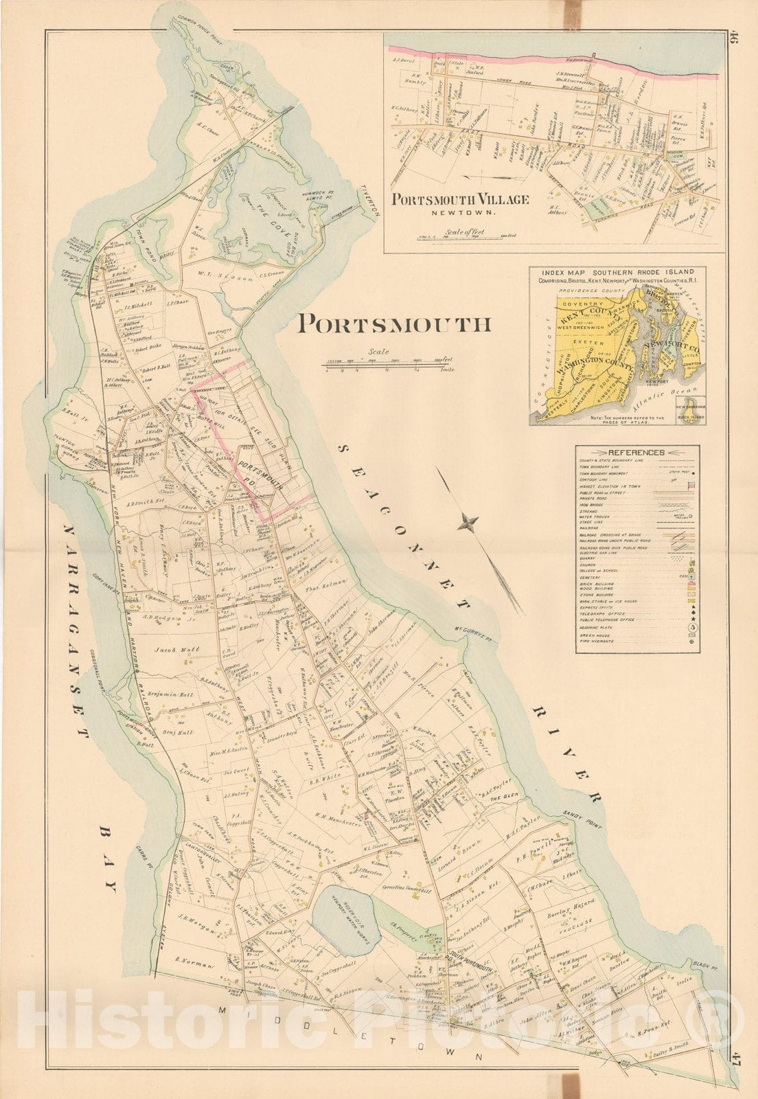 Historic Map : Atlas of Southern Rhode Island, Portsmouth 1895 , Vintage Wall Art