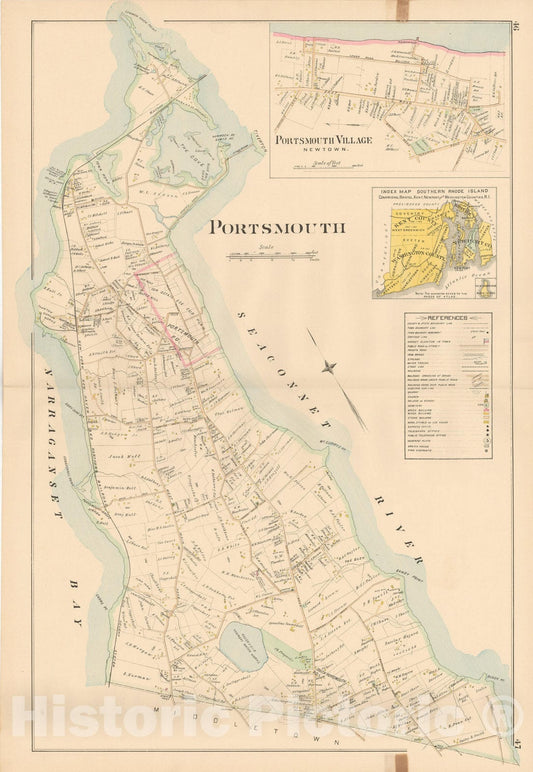 Historic Map : Atlas of Southern Rhode Island, Portsmouth 1895 , Vintage Wall Art