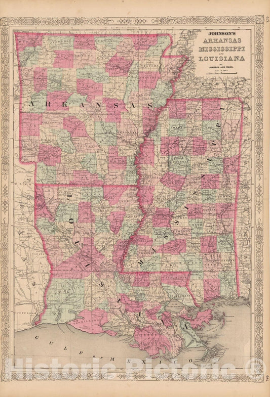 Historic Map : Arkansas & Louisiana & Mississippi 1865 , Johnson's Family Atlas , Vintage Wall Art