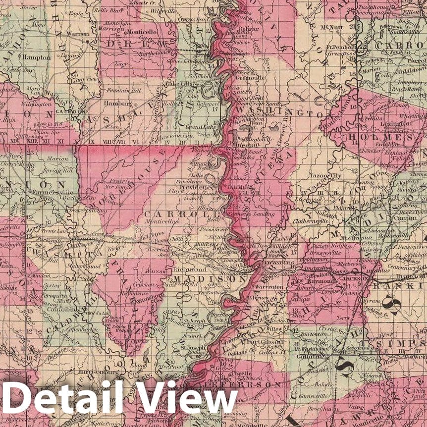 Historic Map : Arkansas & Louisiana & Mississippi 1865 , Johnson's Family Atlas , Vintage Wall Art
