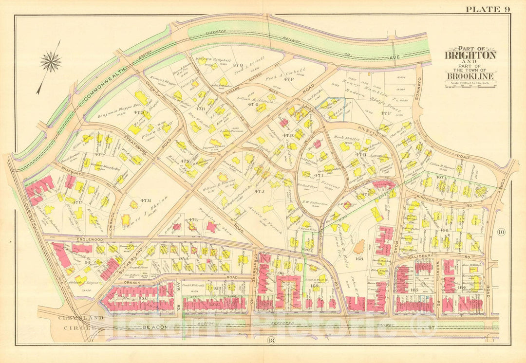 Historic Map : Atlas Town of Brookline, Norfolk County Massachusetts, Brookline 1913 Plate 009 , Vintage Wall Art