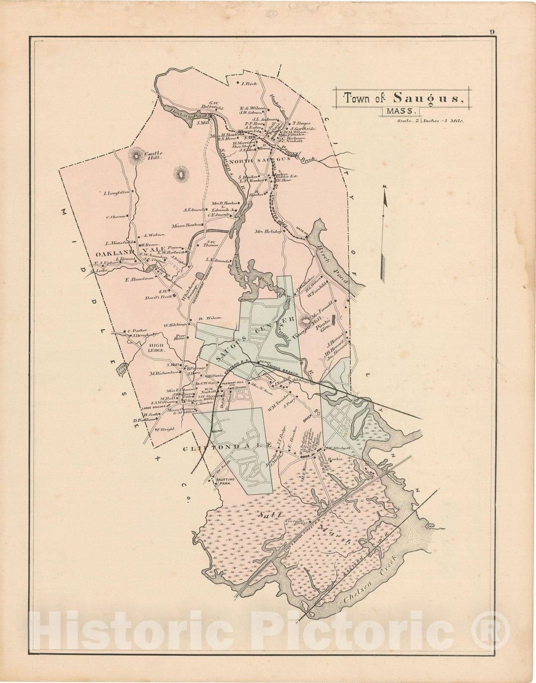 Historic Map : Atlas of Essex County, Saugus 1884 , Vintage Wall Art