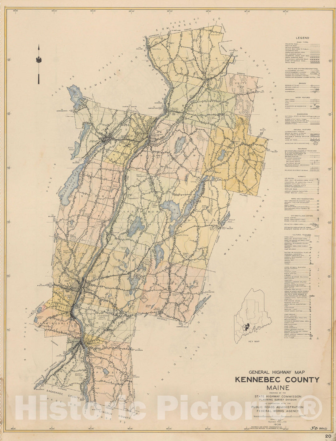 Historic Map : Maine General Highway County Maps, Kennebec 1938 Plate 020 , Vintage Wall Art