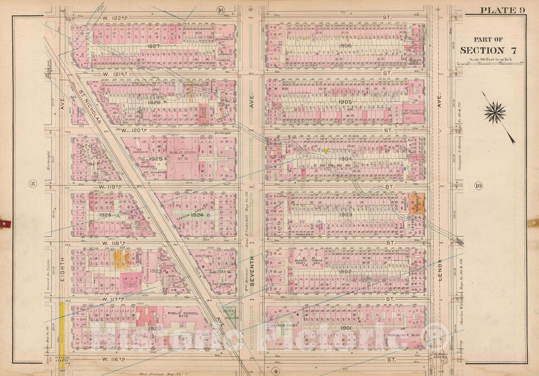 Historic Map : Atlas City of New York, Borough of Manhattan, Volume 4, 110th St to 145th St, Manhattan 1914 Plate 009 , Vintage Wall Art