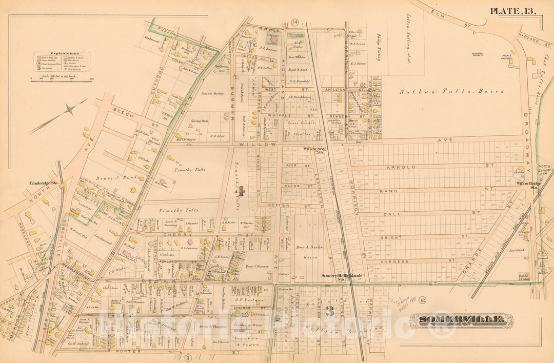 Historic Map : Atlas of Somerville Massachusetts, Somerville 1884 Plate 013 , Vintage Wall Art