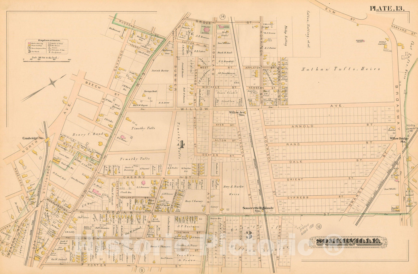 Historic Map : Atlas of Somerville Massachusetts, Somerville 1884 Plate 013 , Vintage Wall Art
