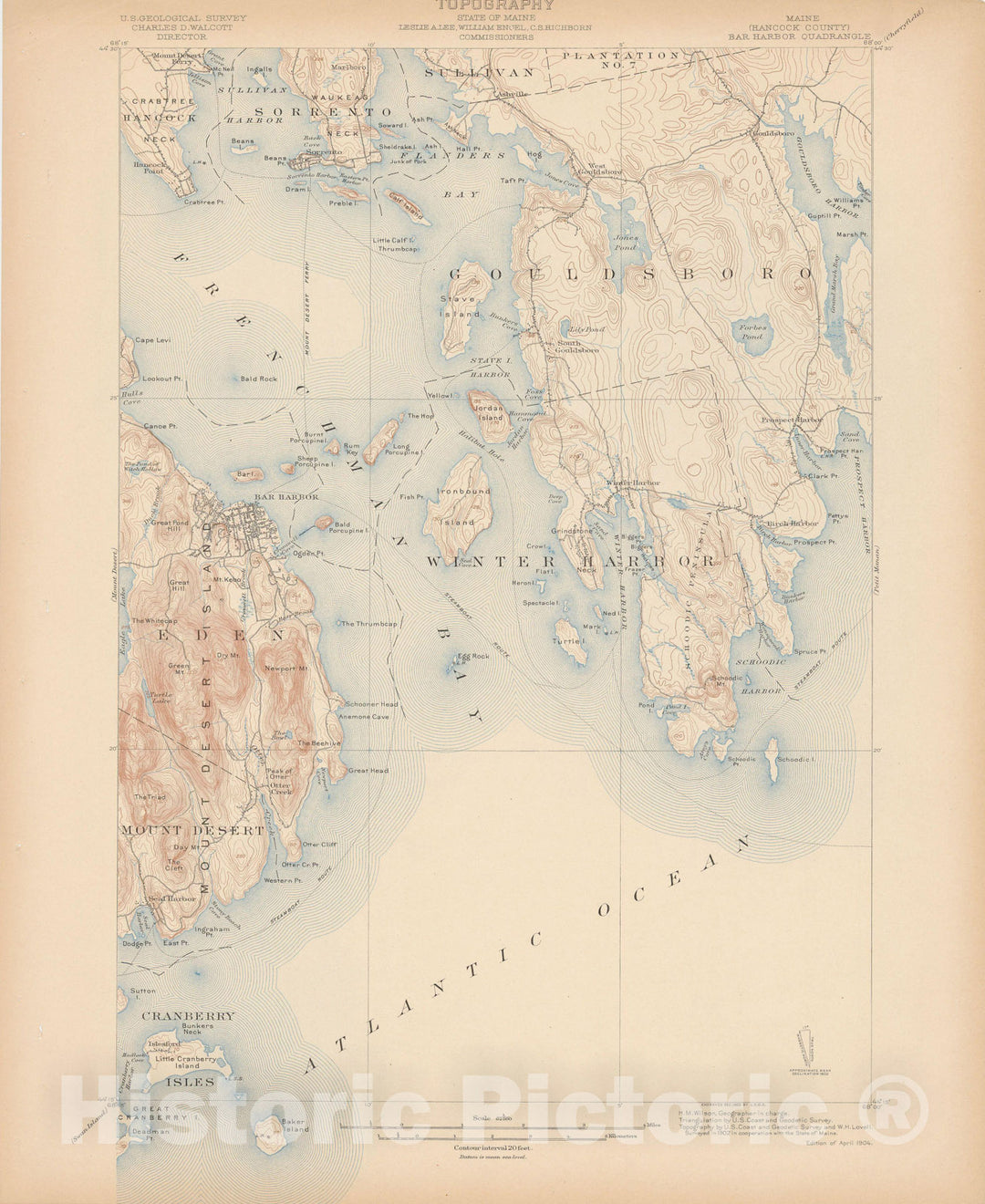 Historic Map : Atlas of Maine 1905, Bar Harbor & Eden & Gouldsboro & Mount Desert Island & Sorrento & Winter Harbor 1905 Topographic Map , Wall Decor Poster Art, Vintage Wall Art