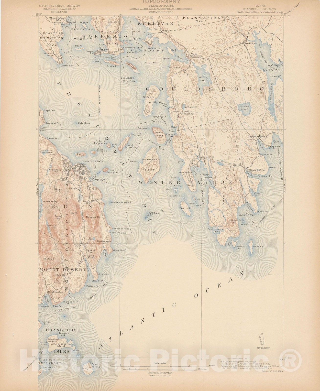 Historic Map : Atlas of Maine 1905, Bar Harbor & Eden & Gouldsboro & Mount Desert Island & Sorrento & Winter Harbor 1905 Topographic Map , Wall Decor Poster Art, Vintage Wall Art