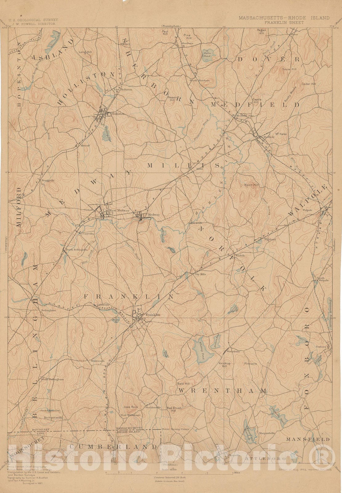 Historic Map : USGS 7.5 Minute Sheets and Quadrangles, Franklin & Medway & Millis & Norfolk 1906 Topographic Map , Vintage Wall Art