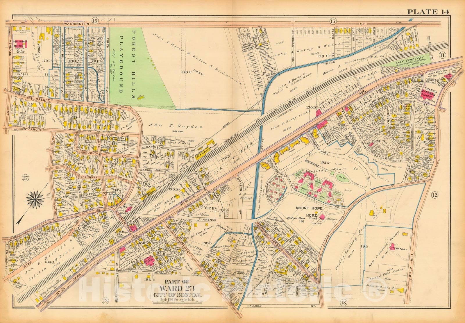 Historic Map : Atlas City of Boston, West Roxbury, Roslindale 1914 Plate 014 , Vintage Wall Art