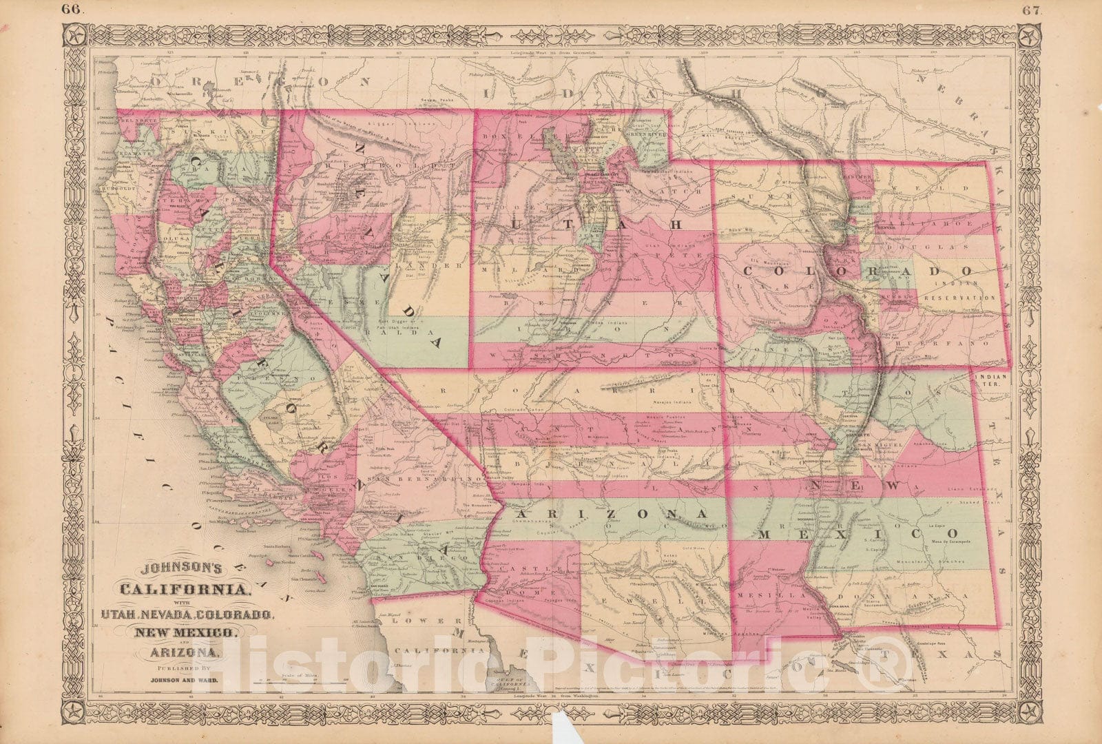 Historic Map : Arizona & California & Colorado & Nevada & New Mexico & Utah 1865 , Johnson's Family Atlas , Vintage Wall Art