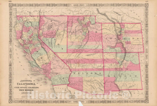 Historic Map : Arizona & California & Colorado & Nevada & New Mexico & Utah 1865 , Johnson's Family Atlas , Vintage Wall Art
