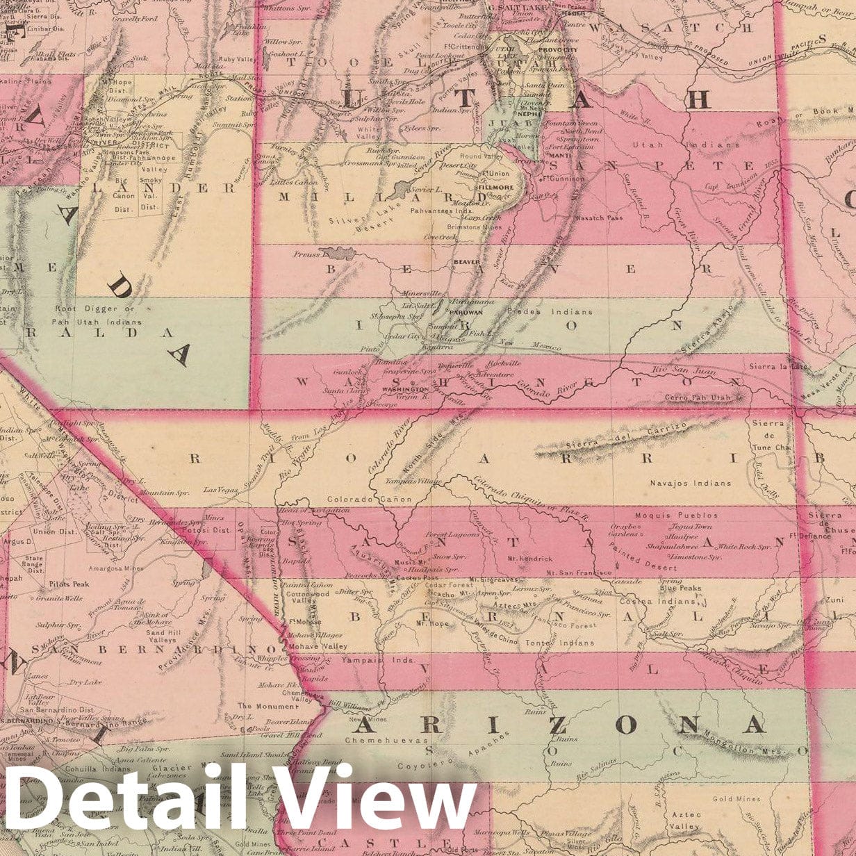 Historic Map : Arizona & California & Colorado & Nevada & New Mexico & Utah 1865 , Johnson's Family Atlas , Vintage Wall Art