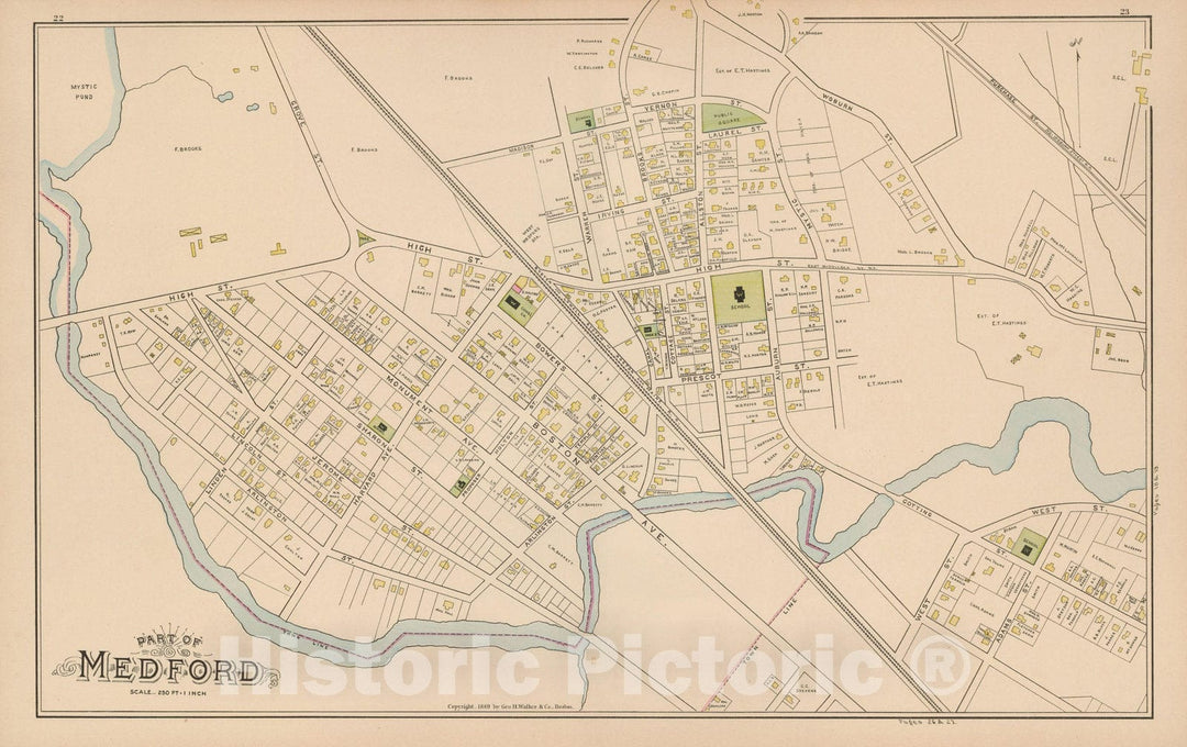 Historic Map : Atlas of Middlesex County, Massachusetts, Medford 1889 , Vintage Wall Art