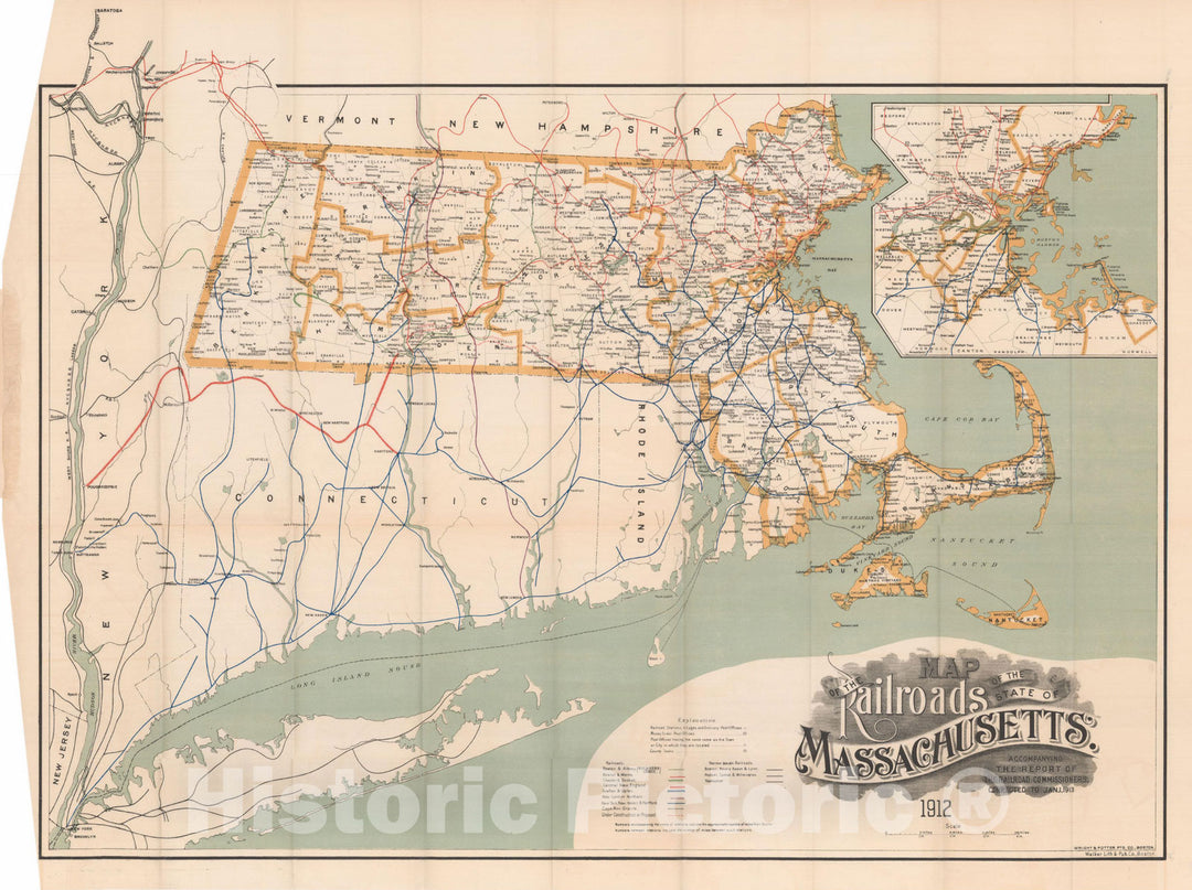 Historic Map : Massachusetts Railroad Commission Maps, Railroads of Massachusetts 1913 , Vintage Wall Art