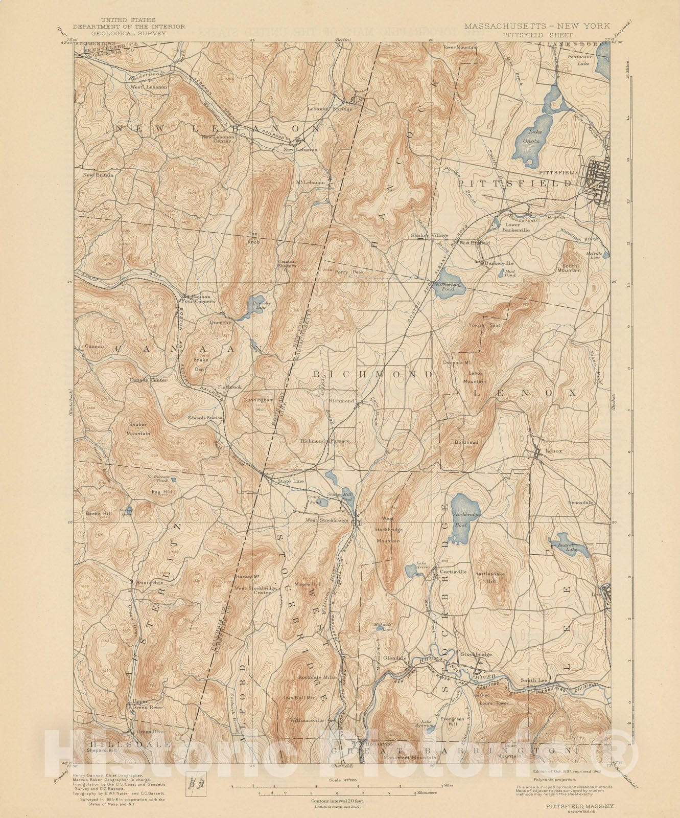 Historic Map : USGS 7.5 Minute Sheets and Quadrangles, Berkshire Hills & Canaan & Lenox & Pittsfield & Richmond 1943 Topographic Map , Vintage Wall Art