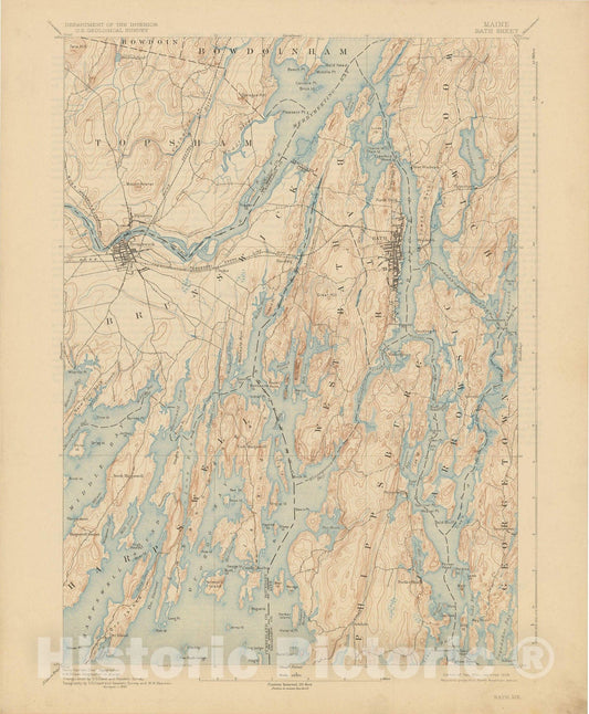 Historic Map : USGS 7.5 Minute Sheets and Quadrangles, Maine: Bath Sheet 1928 Topographic Map , Vintage Wall Art