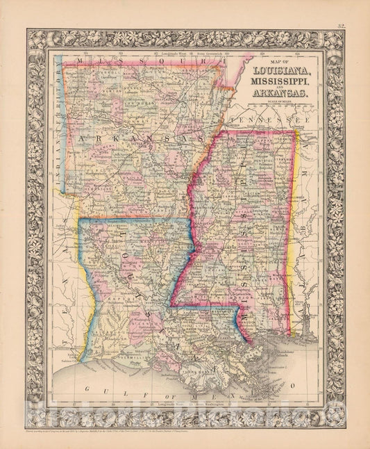 Historic Map : Arkansas & Louisiana & Mississippi 1864 , New General (World) Atlas , Vintage Wall Art