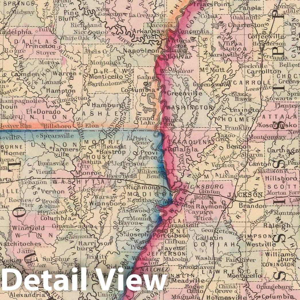 Historic Map : Arkansas & Louisiana & Mississippi 1864 , New General (World) Atlas , Vintage Wall Art