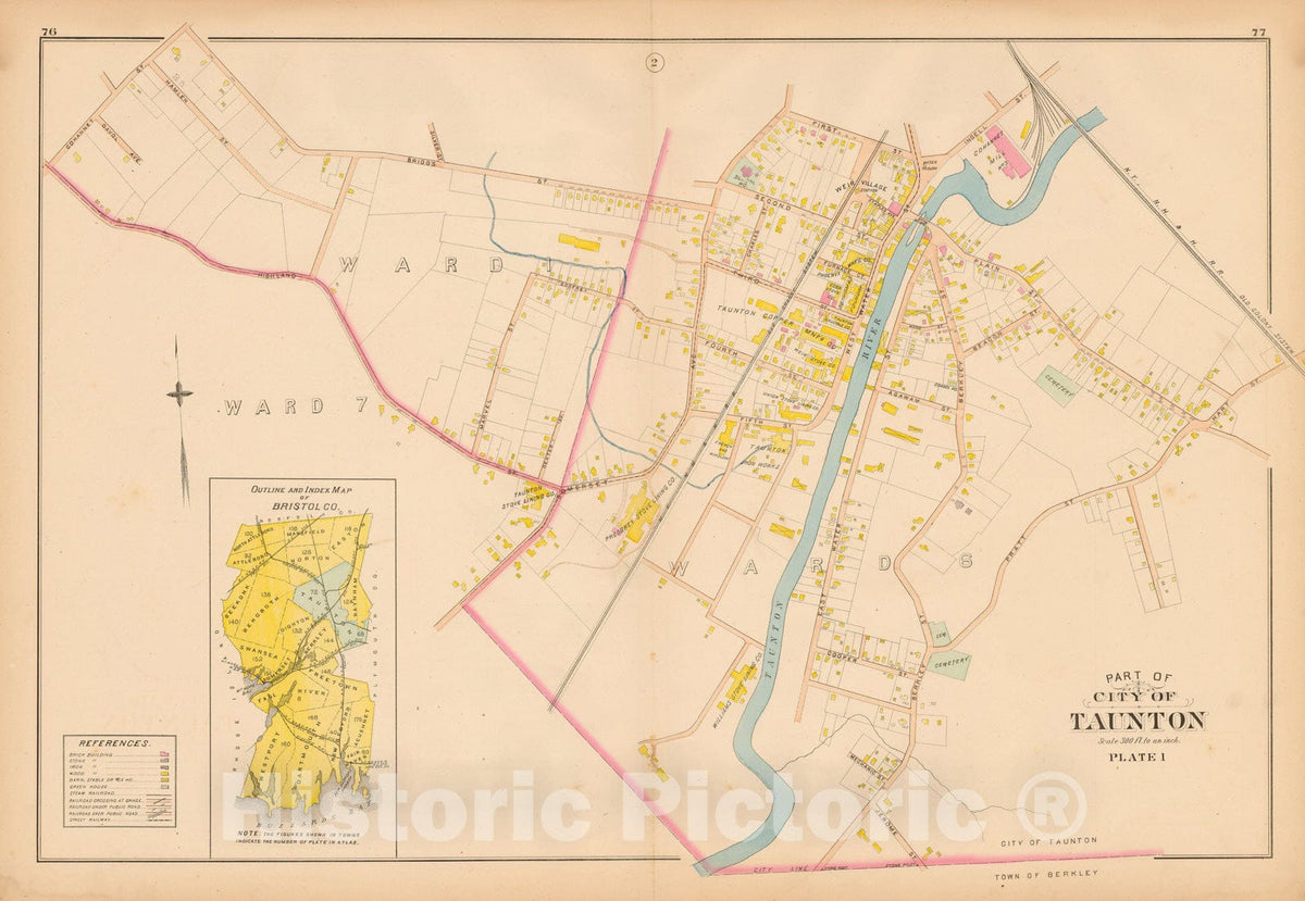 Historic Map : New Topographical Atlas of Surveys Bristol County Massachusetts, Taunton 1895 Plate 001 , Vintage Wall Art