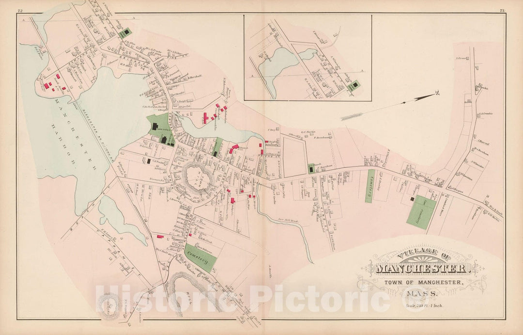 Historic Map : Atlas of Essex County, Manchester & Manchester By The Sea 1884 , Vintage Wall Art