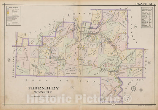 Historic Map : Atlas of Delaware County, West of Ridley Creek, Vol. Two, Thornbury 1913 Plate 051 , Vintage Wall Art