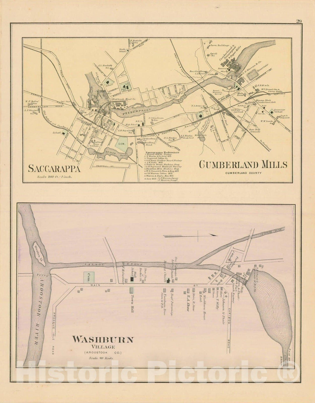 Historic Map : Atlas of Maine, Cumberland Mills & Saccarappa & Washburn 1885 , Vintage Wall Art