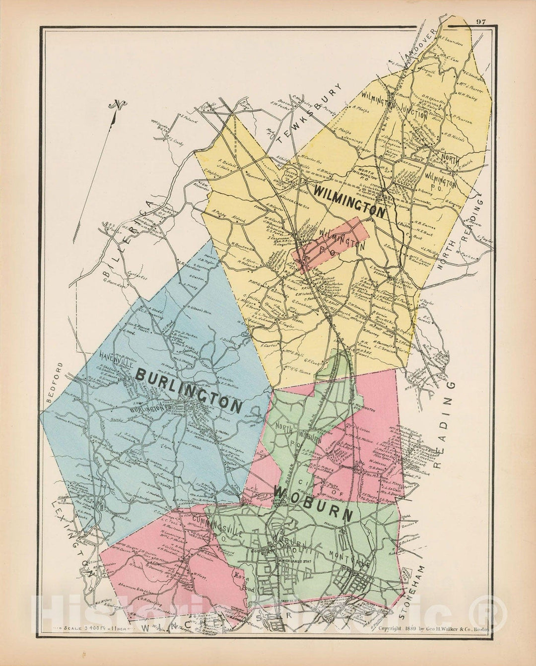 Historic Map : Atlas of Middlesex County, Massachusetts, Burlington & Wilmington & Woburn 1889 , Vintage Wall Art