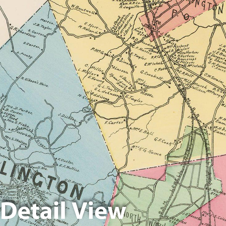 Historic Map : Atlas of Middlesex County, Massachusetts, Burlington & Wilmington & Woburn 1889 , Vintage Wall Art