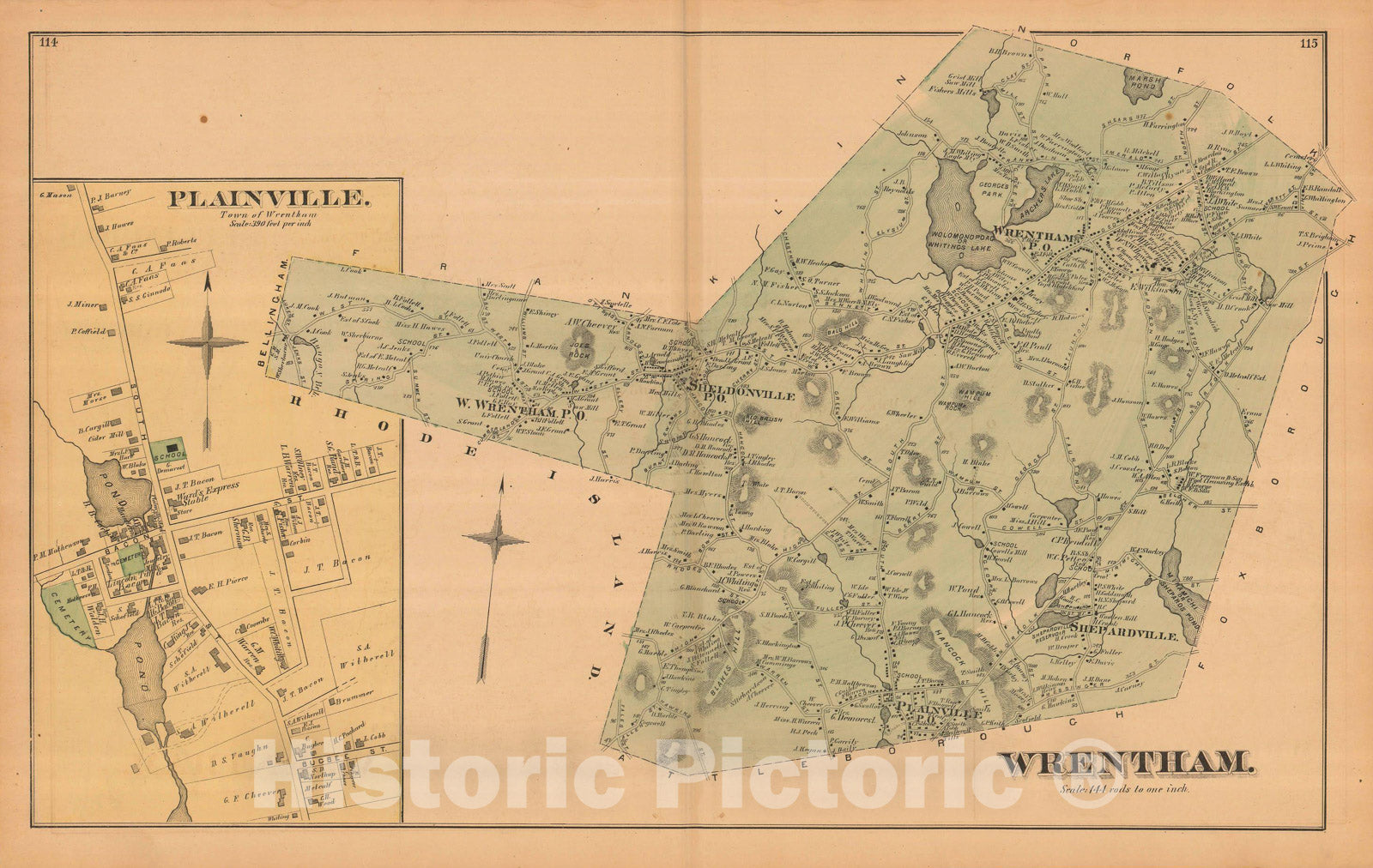Historic Map : Atlas of Norfolk County, Wrentham 1876 , Vintage Wall Art