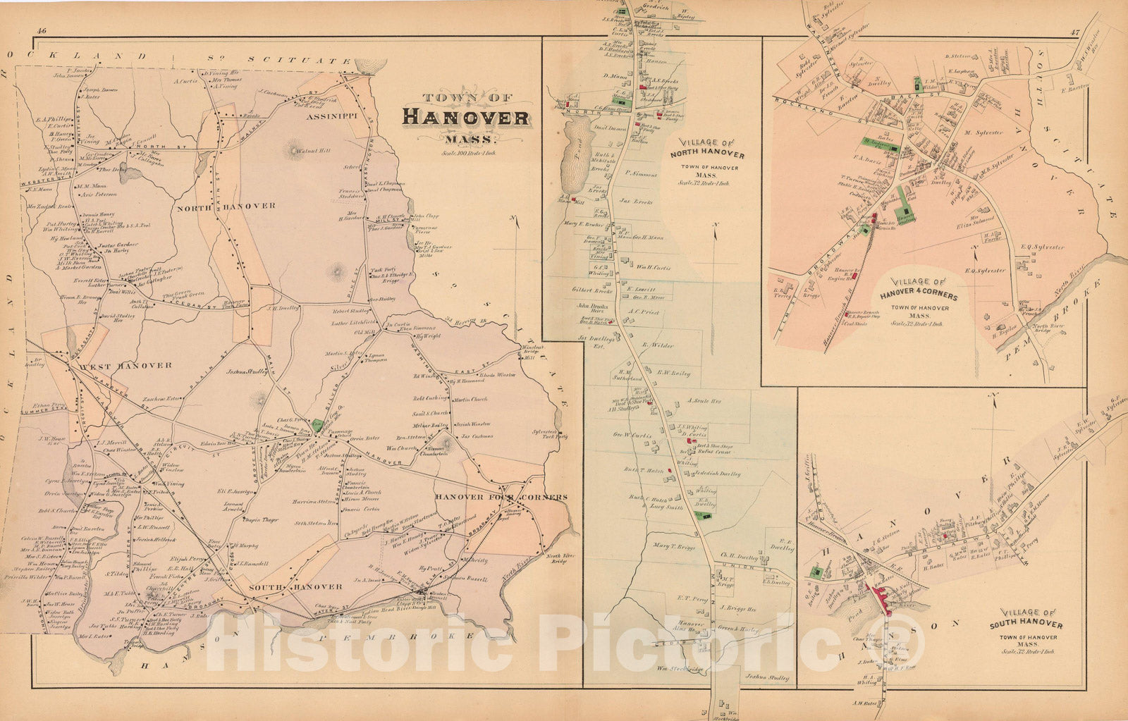 Historic Map : Atlas of Plymouth County Massachusetts, Hanover 1879 , Vintage Wall Art