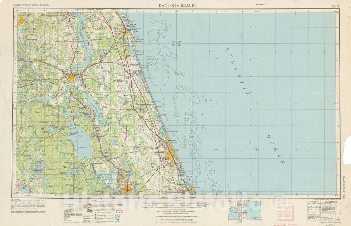 Historic Map : USGS 1:250,000 Topographic Maps, Daytona Beach & Saint Augustine 1972 , Vintage Wall Art