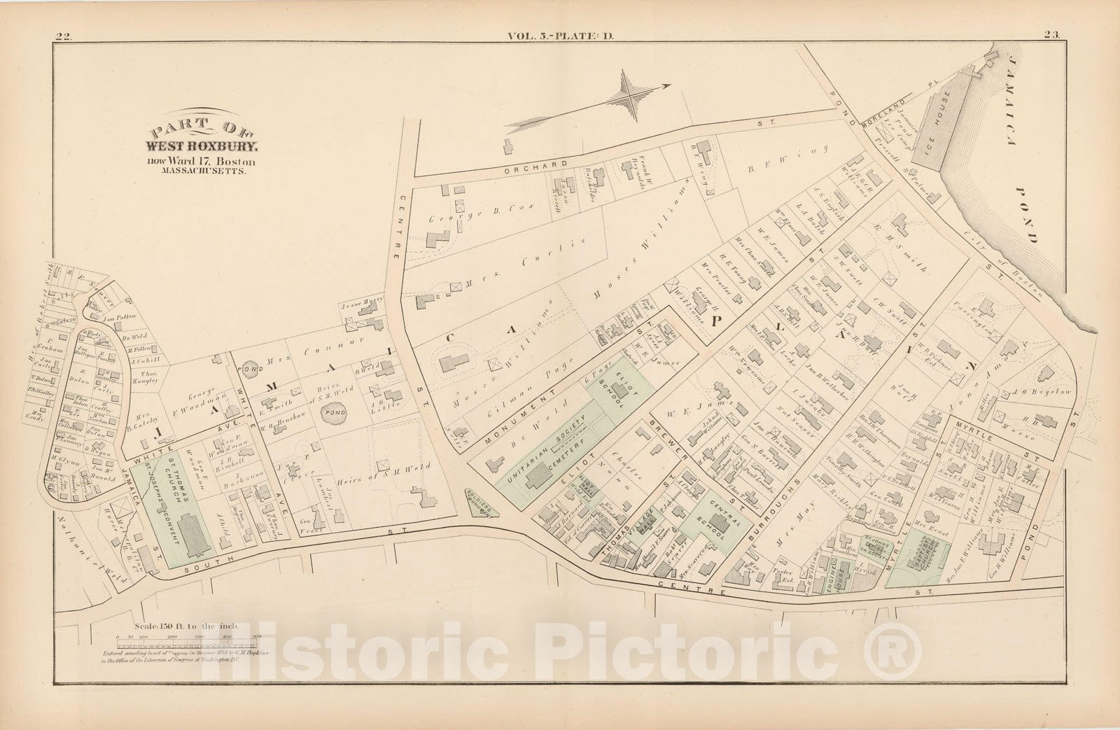 Historic Map : Atlas of County of Suffolk, MA, Vol. 5th, Jamaica Plain 1874 Plate D , Vintage Wall Art