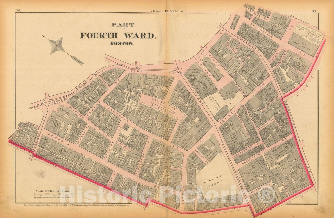 Historic Map : Atlas of County of Suffolk, MA Vol. 1 including Boston Proper, Boston 1874 Plate G , Vintage Wall Art