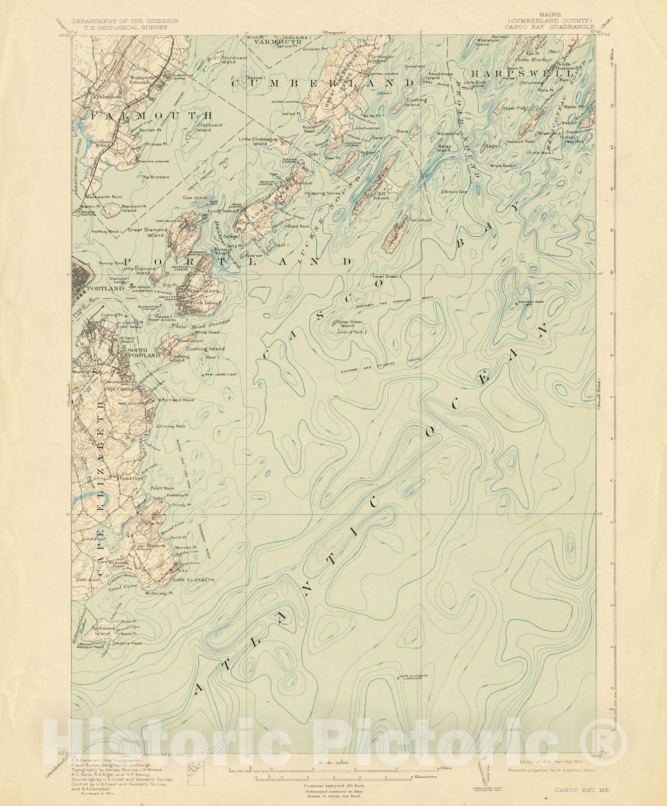 Historic Map : Casco Bay & Portland 1916 Topographic Map , Vintage Wall Art