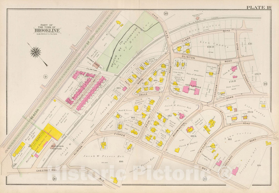 Historic Map : Atlas Town of Brookline, Brookline 1907 Plate 018 , Vintage Wall Art