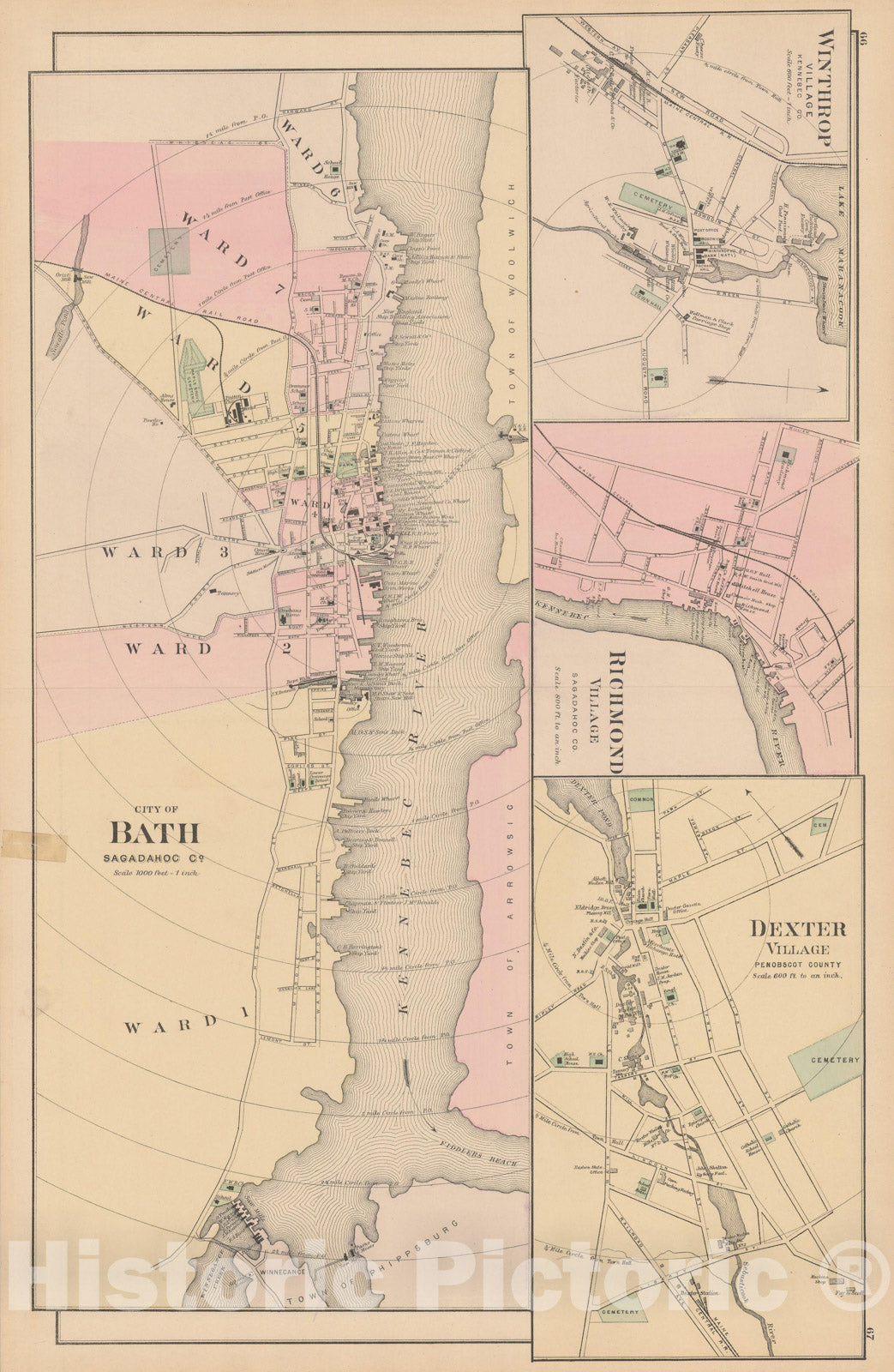 Historic Map : Atlas of Maine, Bath & Dexter & Richmond 1885 , Vintage Wall Art