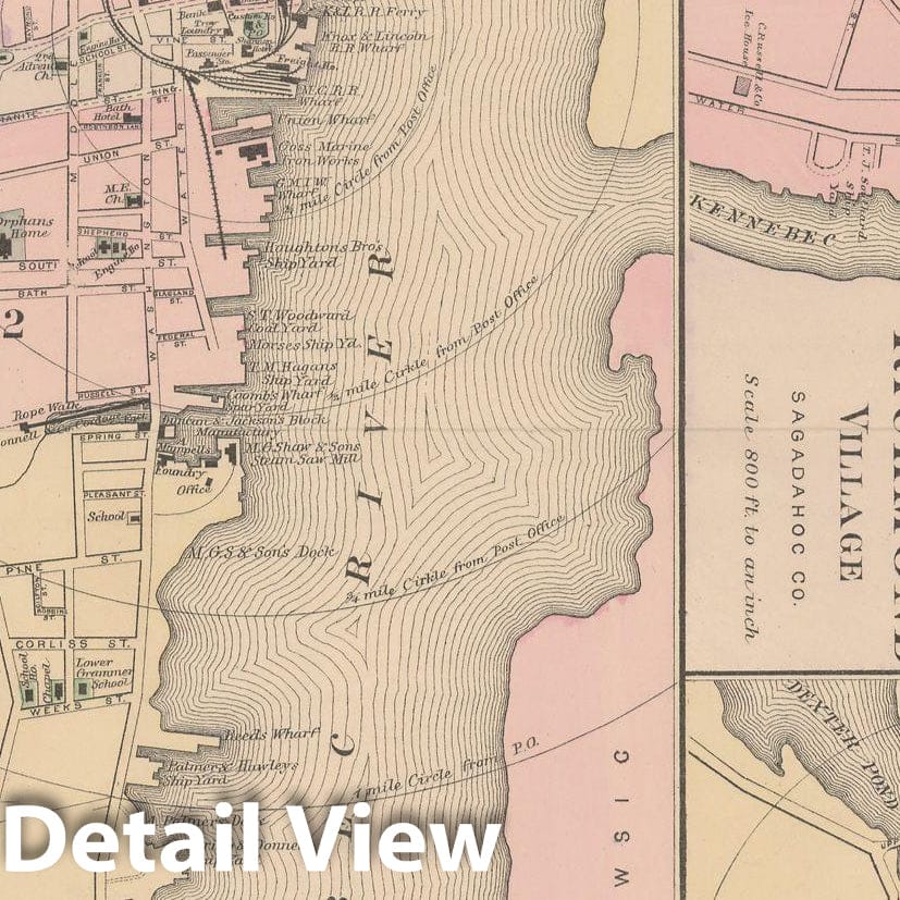 Historic Map : Atlas of Maine, Bath & Dexter & Richmond 1885 , Vintage Wall Art