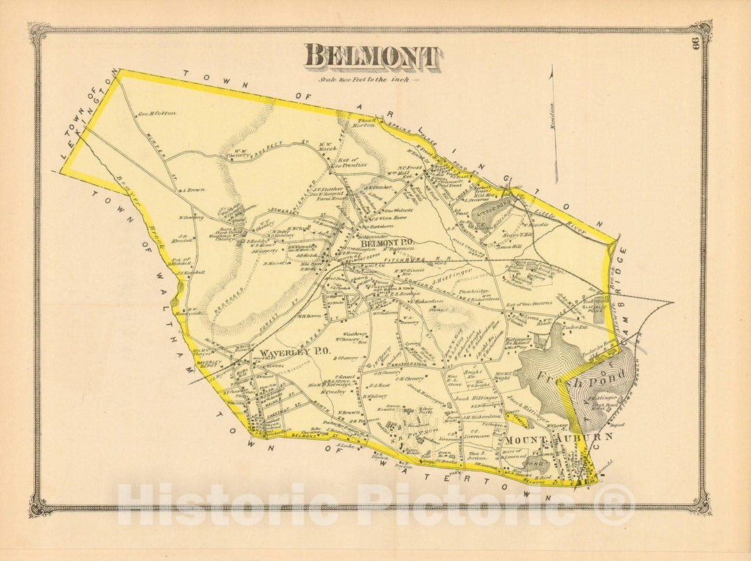 Historic Map : County Atlas of Middlesex Massachusetts, Belmont 1875 , Vintage Wall Art