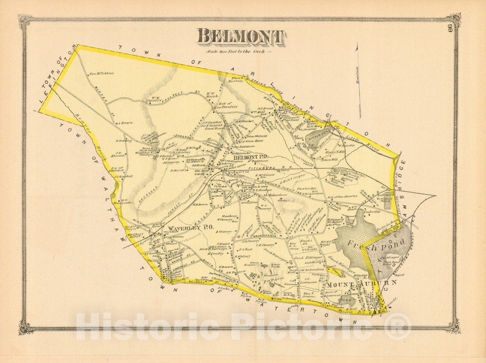 Historic Map : County Atlas of Middlesex Massachusetts, Belmont 1875 , Vintage Wall Art